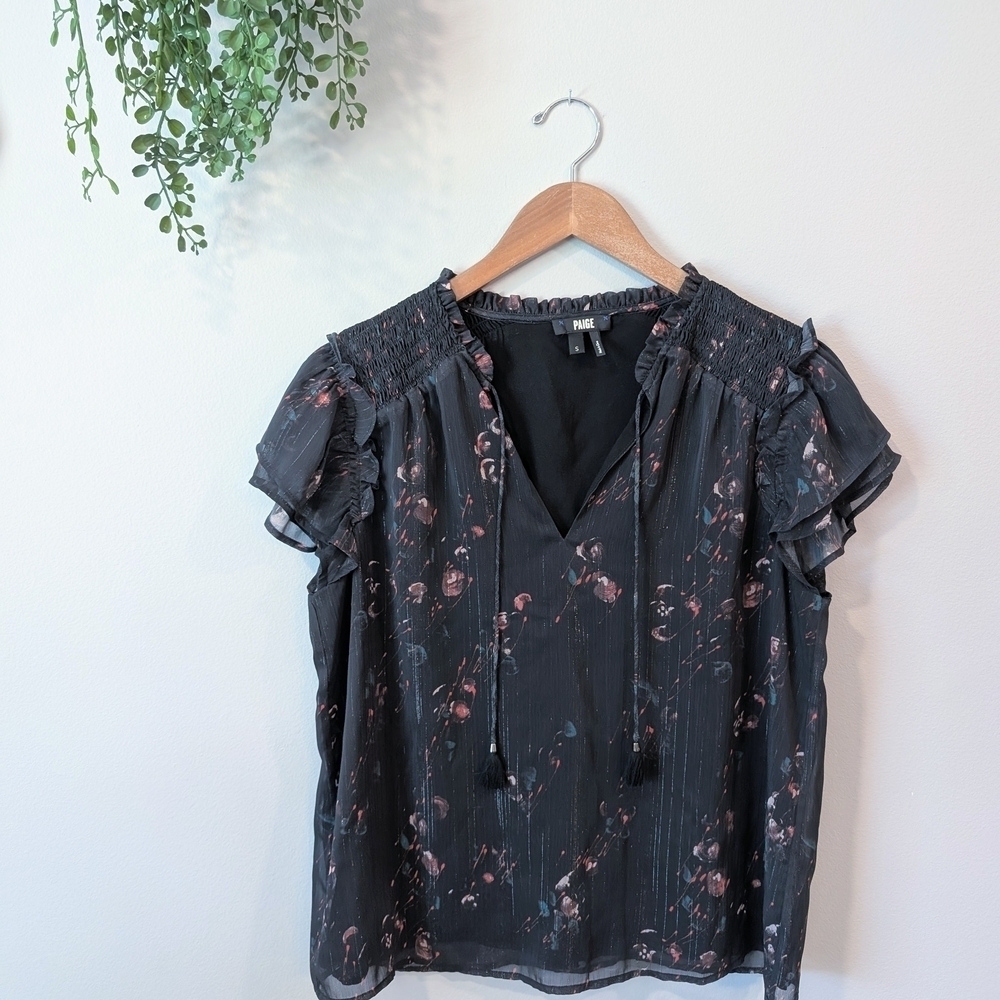PAIGE Black Floral Blouse with Ruffle Details Size Small